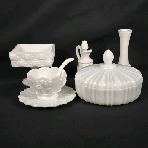 Vintage Westmoreland Paneled Grape Milk Glass Tableware Set &ndash; Compote, Candy Dish, Pitcher, Vase