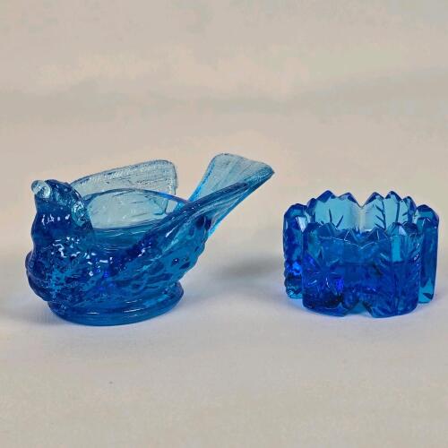 Vintage Blue Pressed Glass Salt Cellar Lot &ndash; Bird Shape & Starburst Pattern