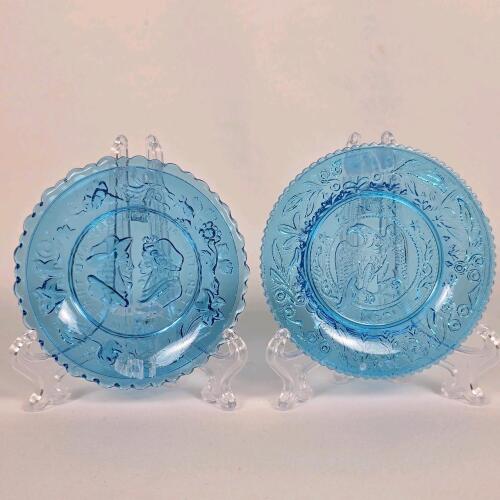 Vintage Blue Mosser Glass 6.25" Commemorative Plates&mdash;American Eagle & Washington Wedding Pair