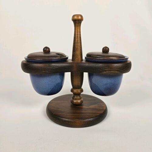 Dual Blue Ceramic Condiment Holder with Wooden Stand and Lids