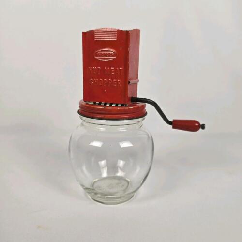 Androck Nut Meat Chopper | Vintage Red Glass Jar, Manual Hand Crank, Steel Blades, 8" Tall