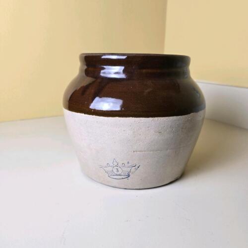 3 Gallon USA Stoneware Crock, Crown Mark, Two-Tone Brown & Tan, Handle, 8.25" Tall