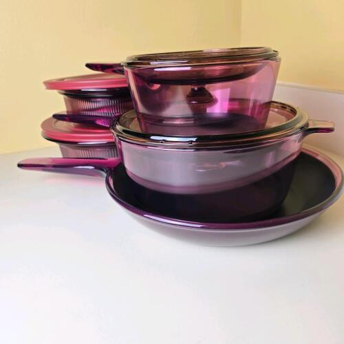 Vintage Corning Vision Cranberry Glass Cookware Set, 5 Pieces, Skillet, Saucepans & Lidded Casseroles