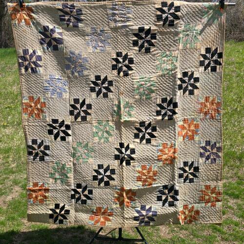 Vintage Patchwork Quilt, Spinning Star Pattern, Handmade, Multicolor Cotton, 65"x63"