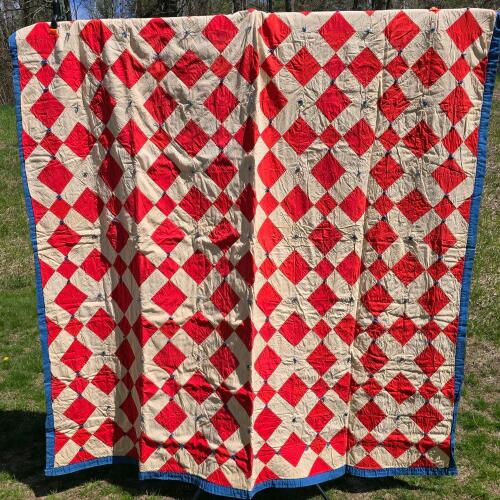 Vintage Red and White Diamond Patchwork Quilt, Blue Border, 79" x 66.5", Hand-Tied