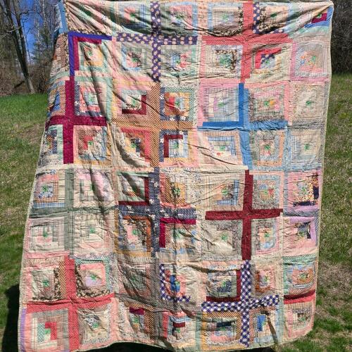 Vintage Log Cabin Patchwork Quilt, 84"x78", Hand-Tied, Feedsack Prints, Green Floral Back