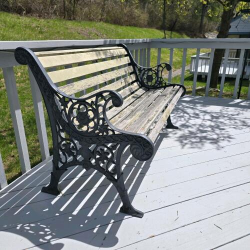 Vintage Cast Iron and Wood Slat Garden Bench &ndash; Ornate Floral Ends, 50.5" Long