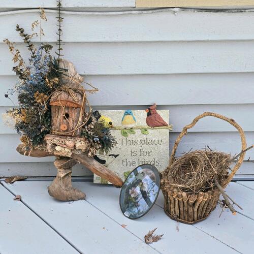 Rustic Driftwood Birdhouse, Basket with Real Nest, Birds Plaque, Framed Art 4pc Decor Set