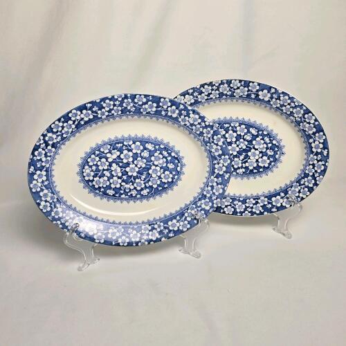 Antique J&G Meakin Bangor Ironstone Blue Floral Oval Serving Platters 16" England Set of 2