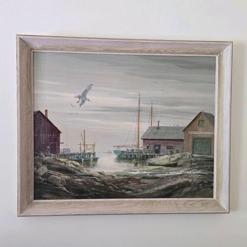 Original 1968 Edward J. Ray "Hazy Morning" Maritime Oil Painting, 30"x37.5", Framed, Signed