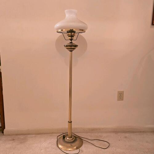 Vintage Brass Torchiere Floor Lamp, Opal Glass Mushroom Shade, 51.5" Height, Turn Key Switch