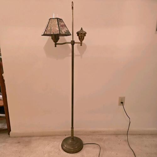 Vintage Brass Swing Arm Floor Lamp, 55" Tall, Unique Tapestry Shade, Key Switch
