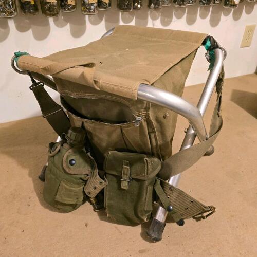 Vintage US Military Folding Field Chair, Canvas Pack, GI 1qt Canteen, Utility Pouch, Web Belt, Olive
