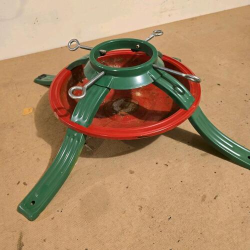 Vintage Metal Christmas Tree Stand &ndash; Green & Red, 16" Diameter, 8" Height, Four Eye-Bolt Screws