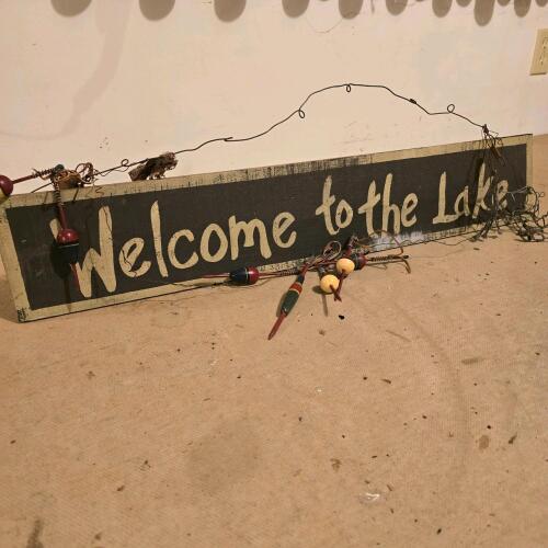 "Welcome to the Lake" Wooden Wall Sign with Fishing Bobbers, 33" x 6"