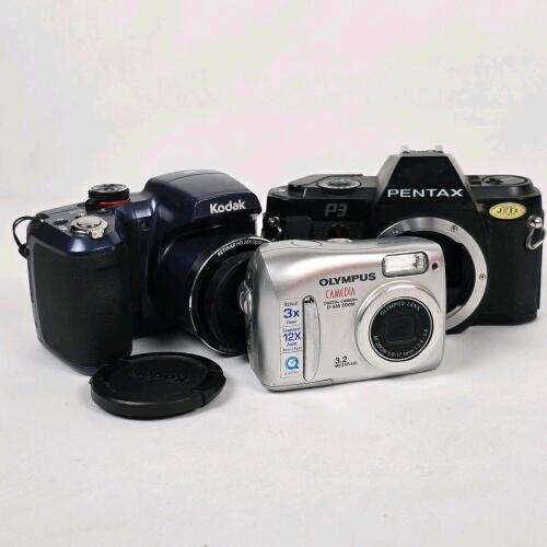 Lot of 3 Cameras Pentax P3 35mm SLR, Olympus D-535 3.2MP, Kodak EasyShare Z5120 16MP,