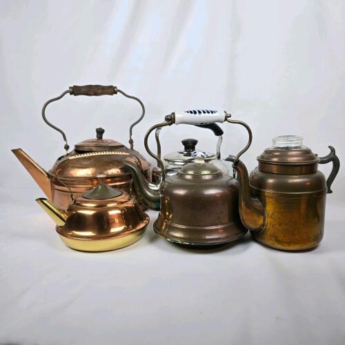 Assorted Vintage Copper, Brass & Metal Tea Kettles