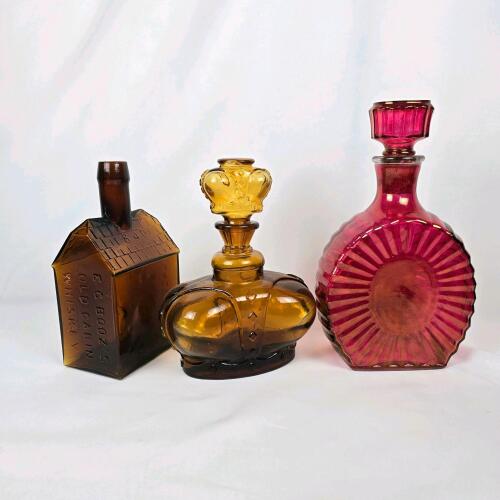 E.G. Booz's Old Cabin Whiskey Bottle, Amber Glass, Cabin-Shaped, Embossed