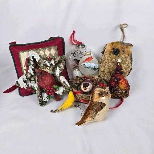 Assorted Bird Christmas Ornament Lot &ndash; Natural Bark Owl, Cardinals, Nest
