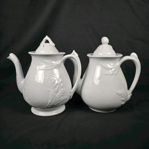 Antique J. Davies Fenton White Ironstone Teapot and Coffee Pot with Relief Leaf Design