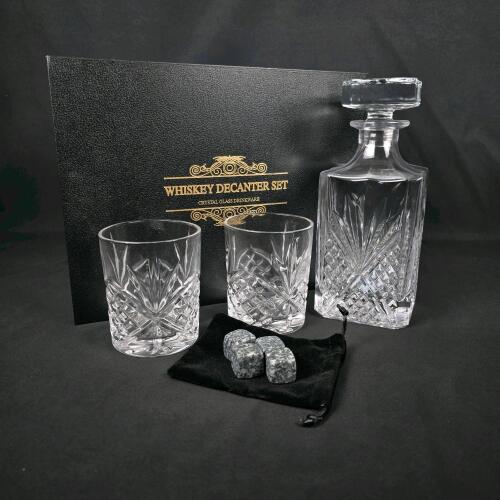 Crystal Whiskey Decanter Set with 2 Glasses, 4 Whiskey Stones, and Gift Box