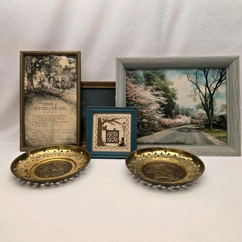 Vintage Wall Decor Lot: Sawyer Hand-Colored Print, Brass Plates, Framed Poems, Cross-Stitch, Giovanni