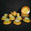 German Art Deco Porcelain Tea Set, Orange & Yellow Lusterware, Geometric, c. 1930s