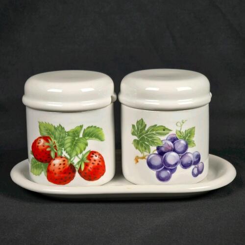 Fine China Tuscany Collection Ceramic Condiment Jar Set with Tray and Lids