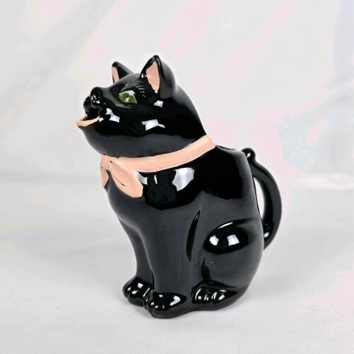 Vintage Black Cat Ceramic Creamer Pitcher with Pink Bow and Green Eyes