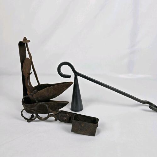 Antique 18th-19th Century Candle Accessory Set with Wick Trimmer, Betty Lamp, and Snuffer Cone
