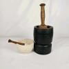 Antique ACME Ceramic & Ebonized Wood Mortar and Pestle Sets, Marked, 2 Sets, Pharmacy/Apothecary
