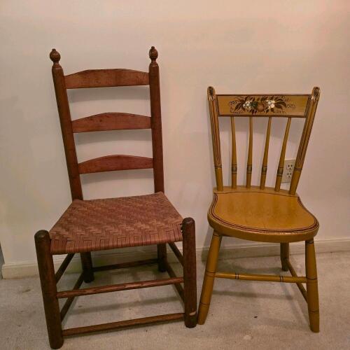 Pair Wooden Chairs: Ladder Back Woven Rush Seat & Painted Windsor Spindle Back