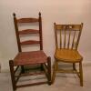 Pair Wooden Chairs: Ladder Back Woven Rush Seat & Painted Windsor Spindle Back