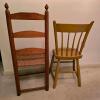 Pair Wooden Chairs: Ladder Back Woven Rush Seat & Painted Windsor Spindle Back - 2