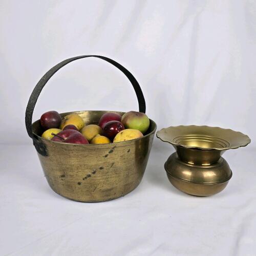 Vintage Brass Cauldron Bucket with Iron Handle & Scalloped Spittoon, 13"x7.5"