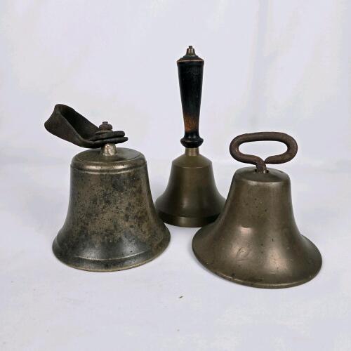 Set of 3 Vintage Brass/Bronze Hand Bells &ndash; Mixed Handles, 5&ndash;7.5" Tall, Patinated