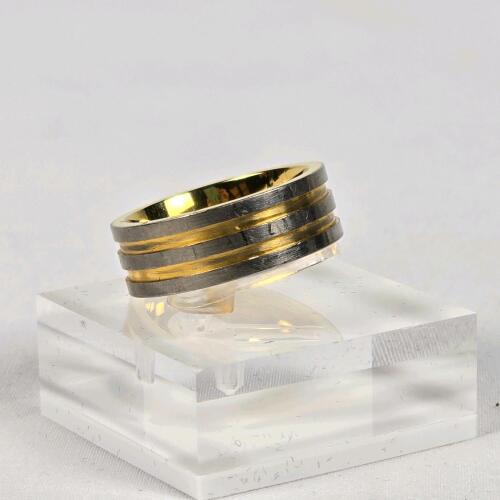 Titanium and 18K Gold Two-Tone 8mm Men's Band, Three Groove Design, Hallmarked "Titanium 18K"