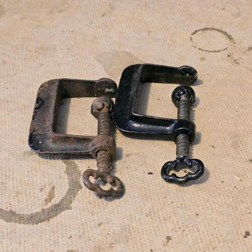 Vintage 2-Inch C-Clamps, Cast Iron, Ornate Handles, Set of Two