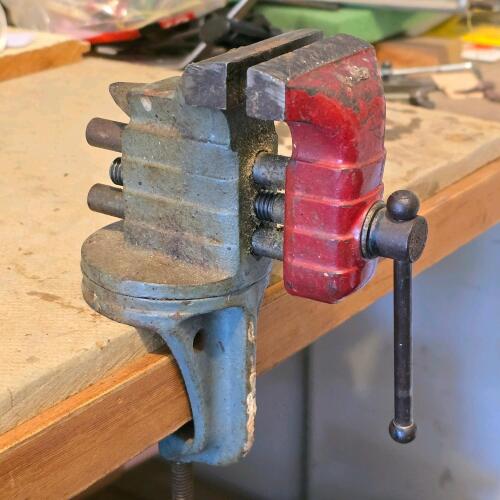 Clamp-On Swivel Bench Vise, 2" Jaw Width, Vintage USA-Made, Cast Iron