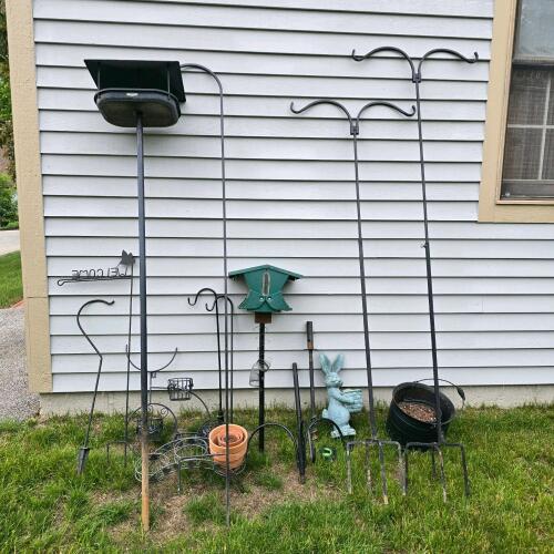 Large Lot Metal Shepherd Hooks & Plant Stands Duncraft Feeder, Pots,