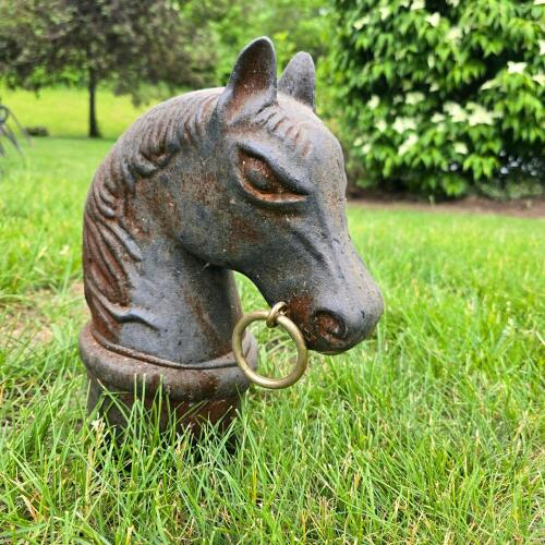 Vintage Cast Iron Horse Head Hitching Post Cap, 14" Tall, Brass Ring