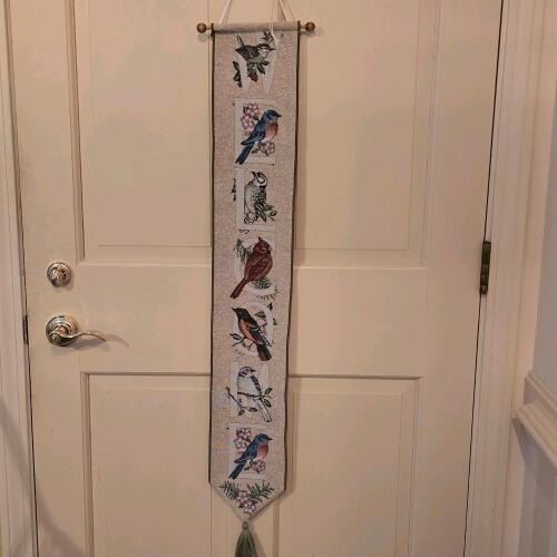 Birds "WELCOME" Embroidered Wall Hanging, Tapestry, Wooden Rod & Tassel