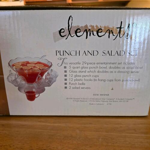 Elements 29-Piece Punch & Salad Glass Set, 5-Quart Bowl, 12 Cups, Stand, Ladle, 1998, Boxed