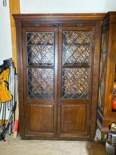 Antique Oak Bookcase Cabinet with Diamond Leaded Glass Doors