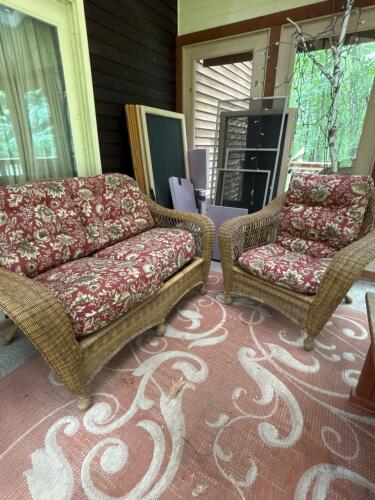 Faux Wicker Patio Armchair and Loveseat Set with Floral Cushions