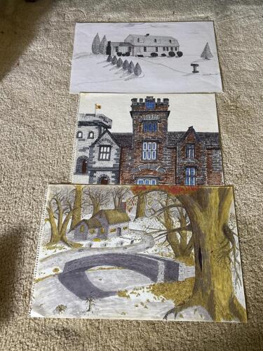 Set of 3 Signed E.A. Muller 1986 Original Architectural Pen & Ink/Color Drawings