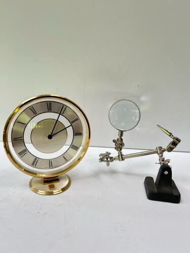 Vintage JG Brass & Lucite Table Clock and Helping Hands Soldering Tool Set