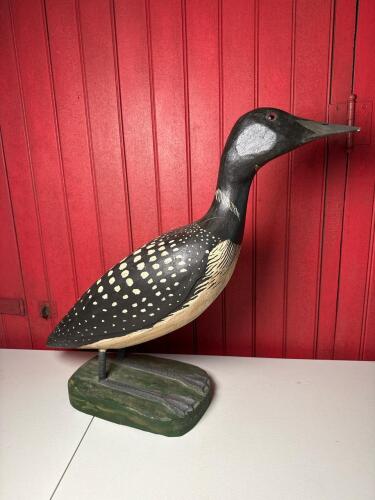 Hand-Carved Wooden Loon Decoy Sculpture by G. Varney