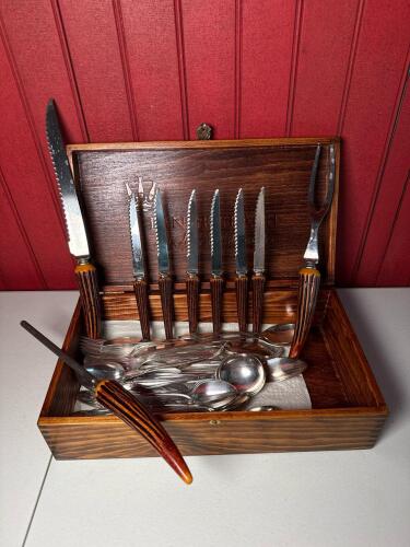 Langenbach German Cutlery Set with Bakelite Faux Antler Handles