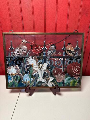 Framed Stained Glass Art Panel with Birds and Flowers